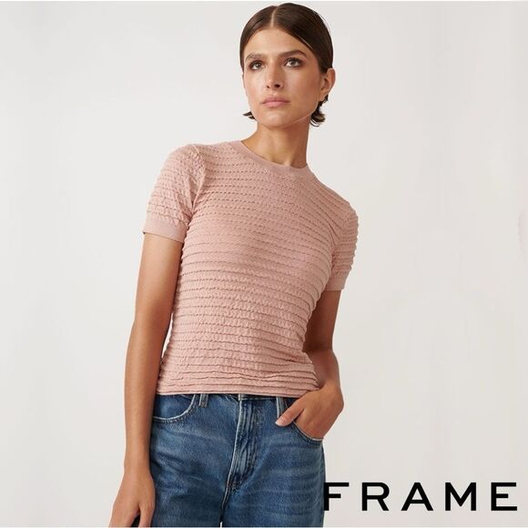 FRAME **NWT** Pointelle Smocked Short Sleeve Sweater Top Peony Pink - Picture 1 of 15